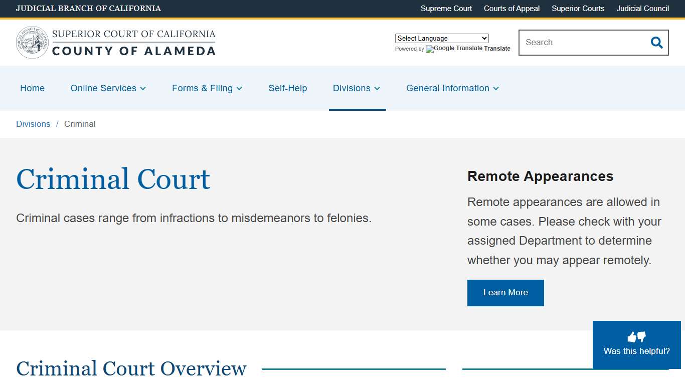Criminal Superior Court of California County of Alameda
